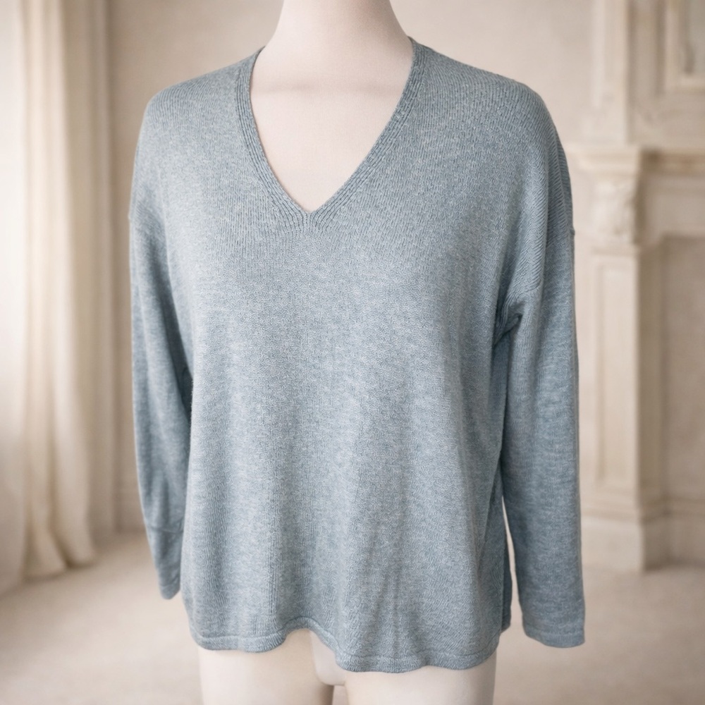 Eileen Fisher Organic Cotton-Linen V-Neck Sweater Soft Blue - Size Small Petite